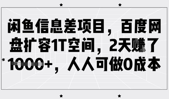 闲鱼信息差项目，百度网盘扩容1T空间，2天收益1k+，人人可做0成本-副业网创资源站